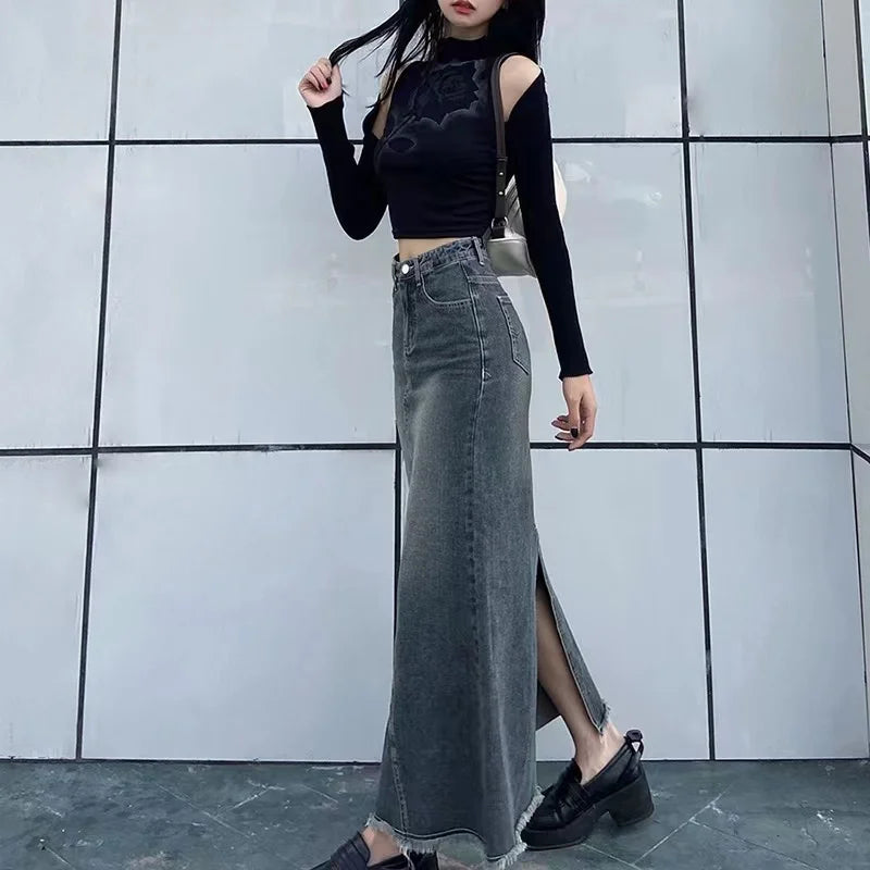 IMIEMIE 2024 Autumn Retro Classic All-Match Skirt Women Casual Commuter Outing Tight Sexy Irregular Long Denim Vitality Skirt Girl Cool