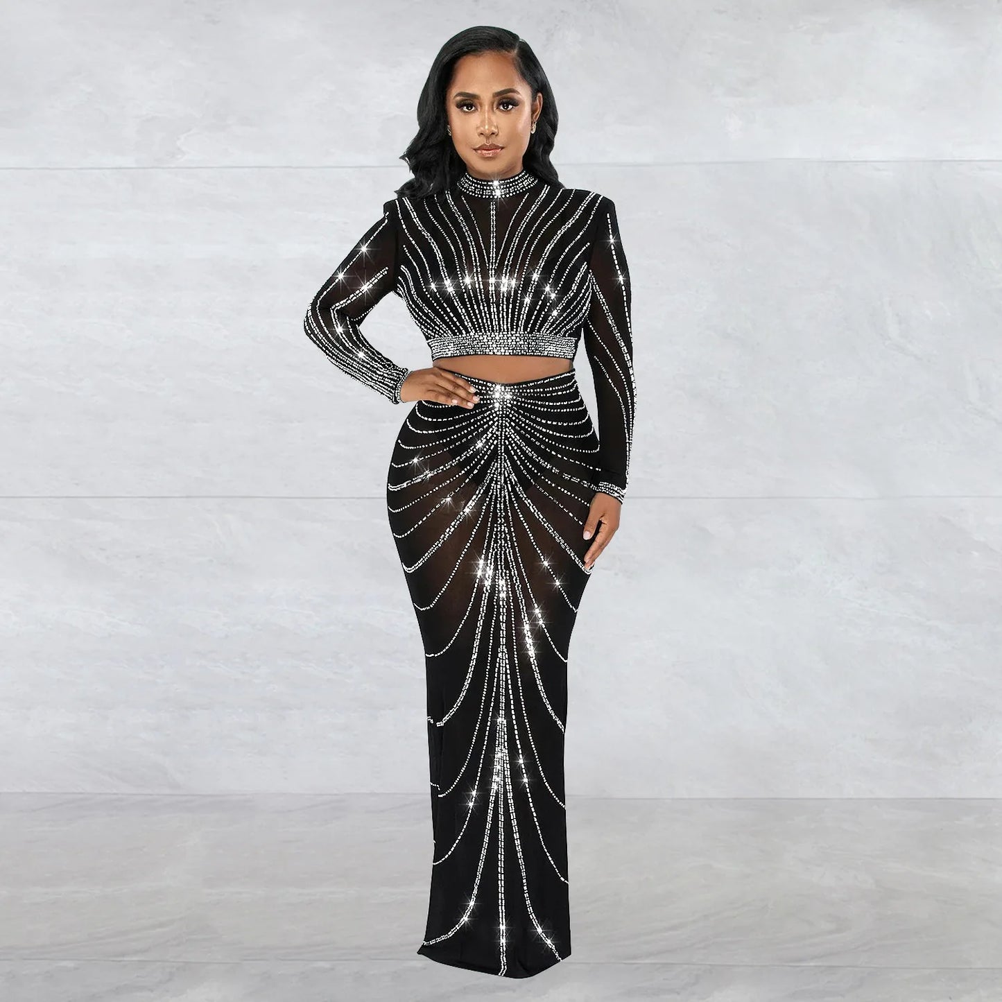 IMIEMIE 2024 Long Sleeve Mesh Maxi Bodycon Elegant Party Sparkly Rhinestone For Birthday Dress Sexy Club Two Piece Sets Womens Outifits