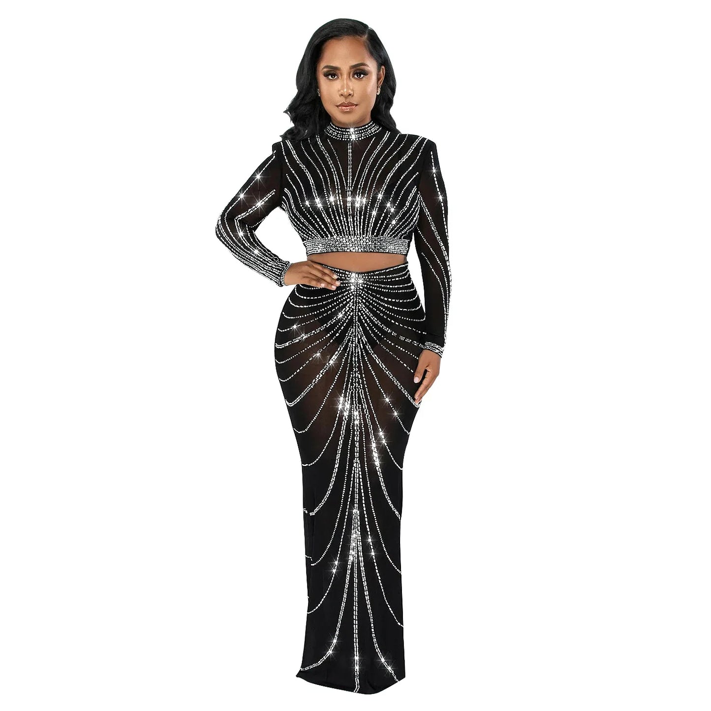 IMIEMIE 2024 Long Sleeve Mesh Maxi Bodycon Elegant Party Sparkly Rhinestone For Birthday Dress Sexy Club Two Piece Sets Womens Outifits