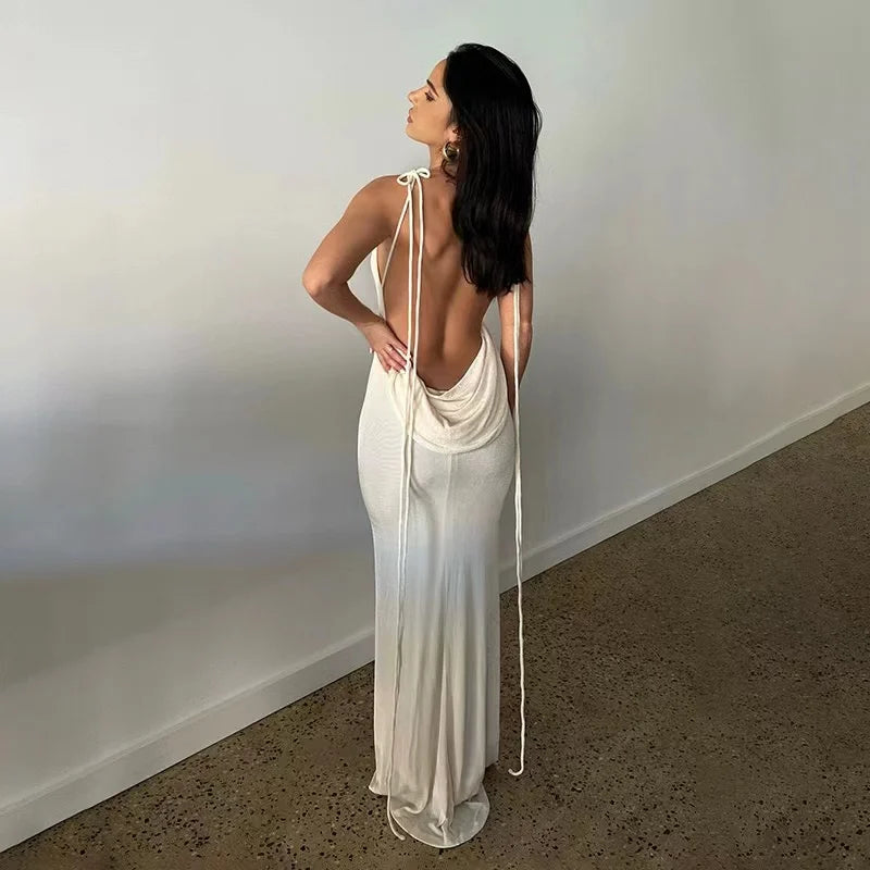 IMIEMIE 2024 New Sexy Solid Backless Maxi Dress Women Elegant Spaghetti Strap Slim Dress Female Summer Holiday Beach Party Dresses