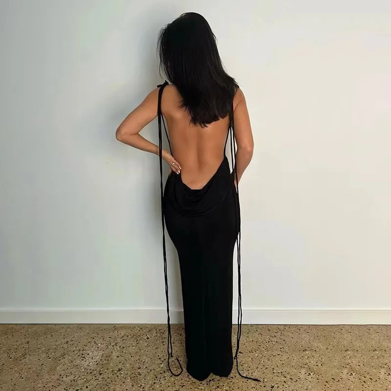 IMIEMIE 2024 New Sexy Solid Backless Maxi Dress Women Elegant Spaghetti Strap Slim Dress Female Summer Holiday Beach Party Dresses