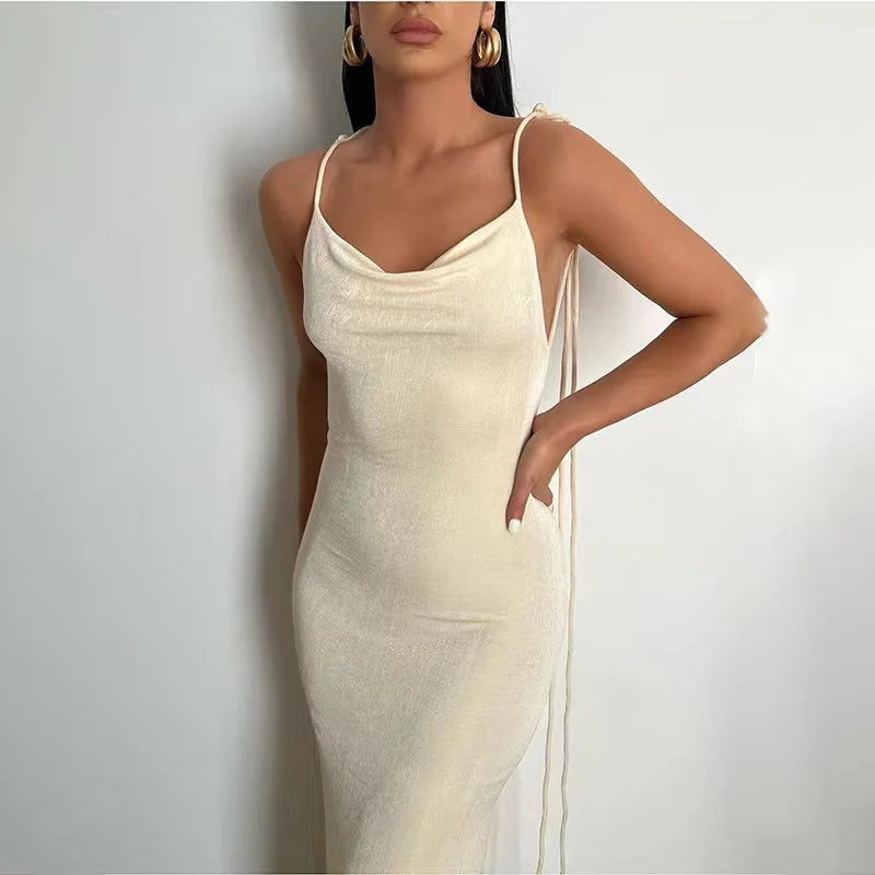 IMIEMIE 2024 New Sexy Solid Backless Maxi Dress Women Elegant Spaghetti Strap Slim Dress Female Summer Holiday Beach Party Dresses