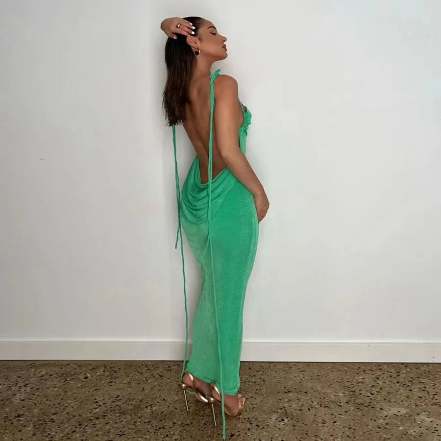 IMIEMIE 2024 New Sexy Solid Backless Maxi Dress Women Elegant Spaghetti Strap Slim Dress Female Summer Holiday Beach Party Dresses