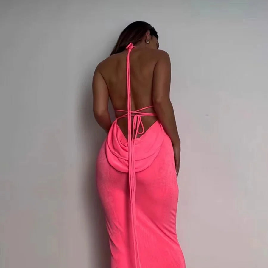 IMIEMIE 2024 New Sexy Solid Backless Maxi Dress Women Elegant Spaghetti Strap Slim Dress Female Summer Holiday Beach Party Dresses