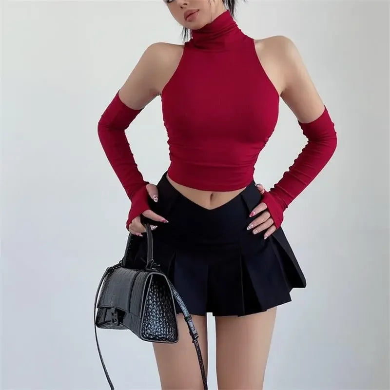 IMIEMIE 2024 New Spicy Girls Y2k Tops Oversleeve Sexy Turtleneck Tank Top for Women's Slim Fit Short tshirt Skinny Streetwear Crop Top