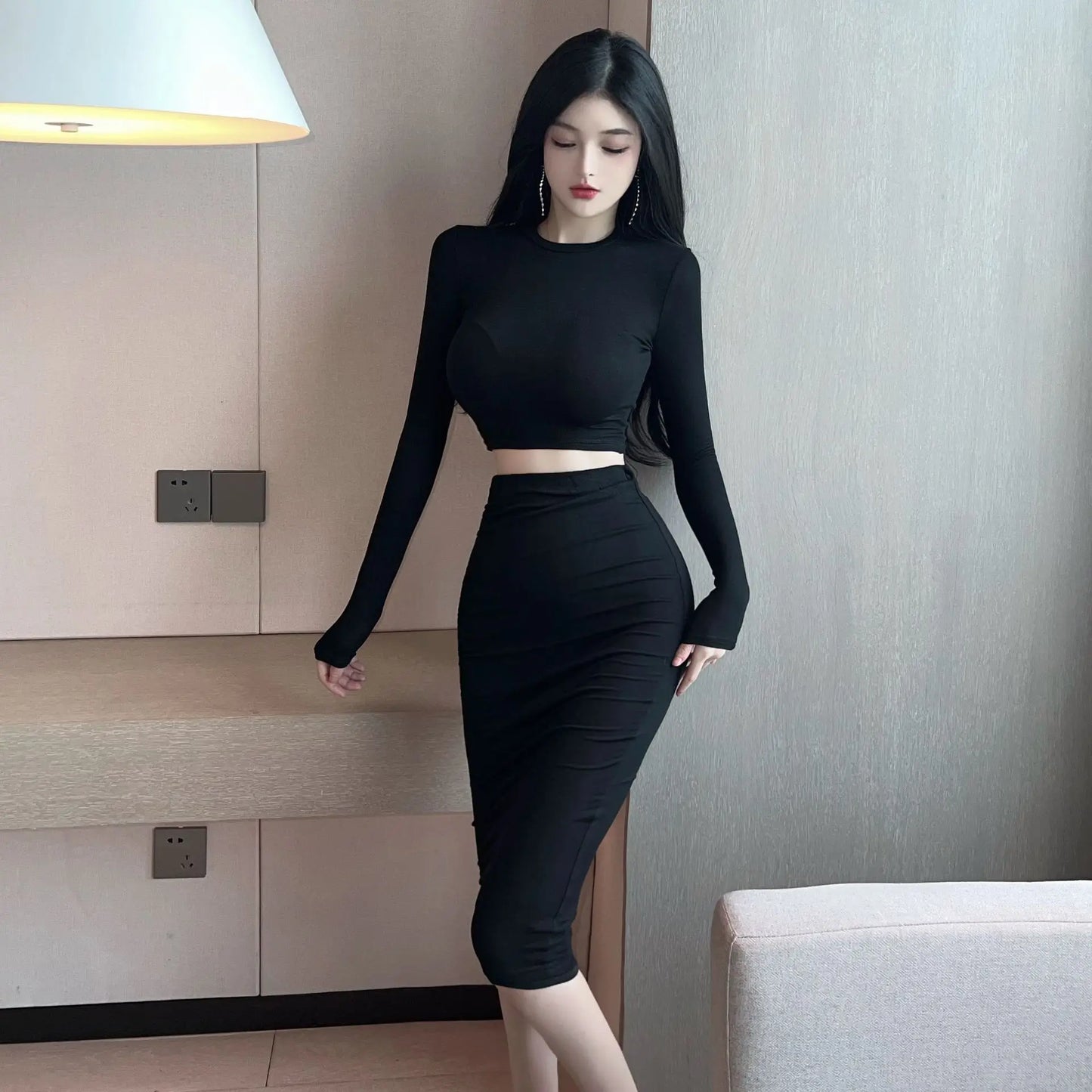 IMIEMIE 2024 Sexy Spicy Girl Bold Hollow Out Elegant Fashion Gentle Skirt Set Short Long Sleeve Top High Waist Skirt Set Female AIWB