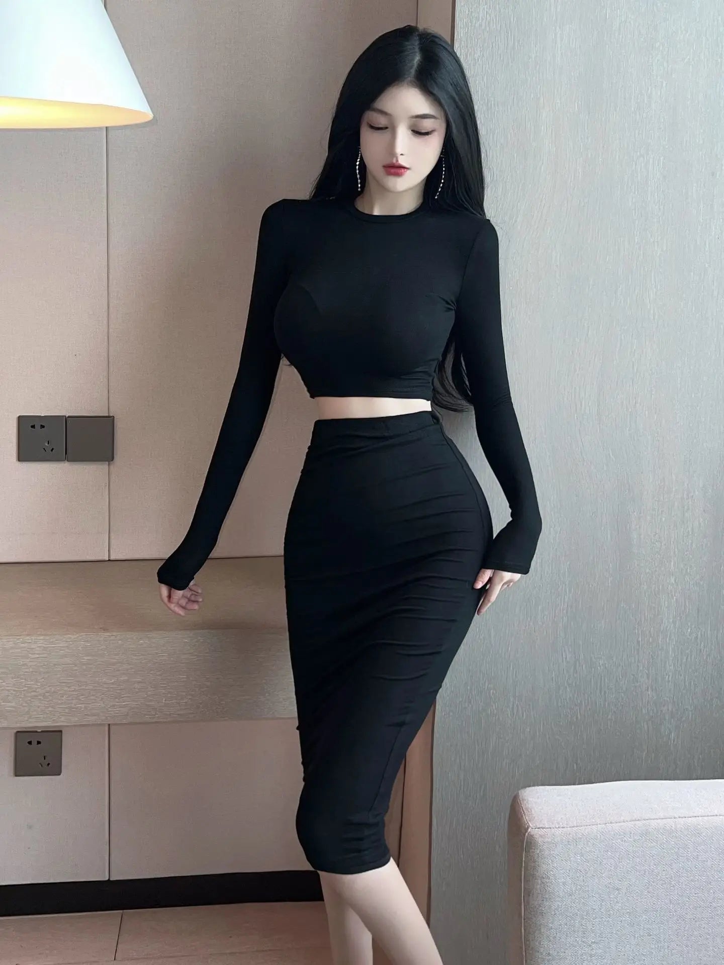 IMIEMIE 2024 Sexy Spicy Girl Bold Hollow Out Elegant Fashion Gentle Skirt Set Short Long Sleeve Top High Waist Skirt Set Female AIWB