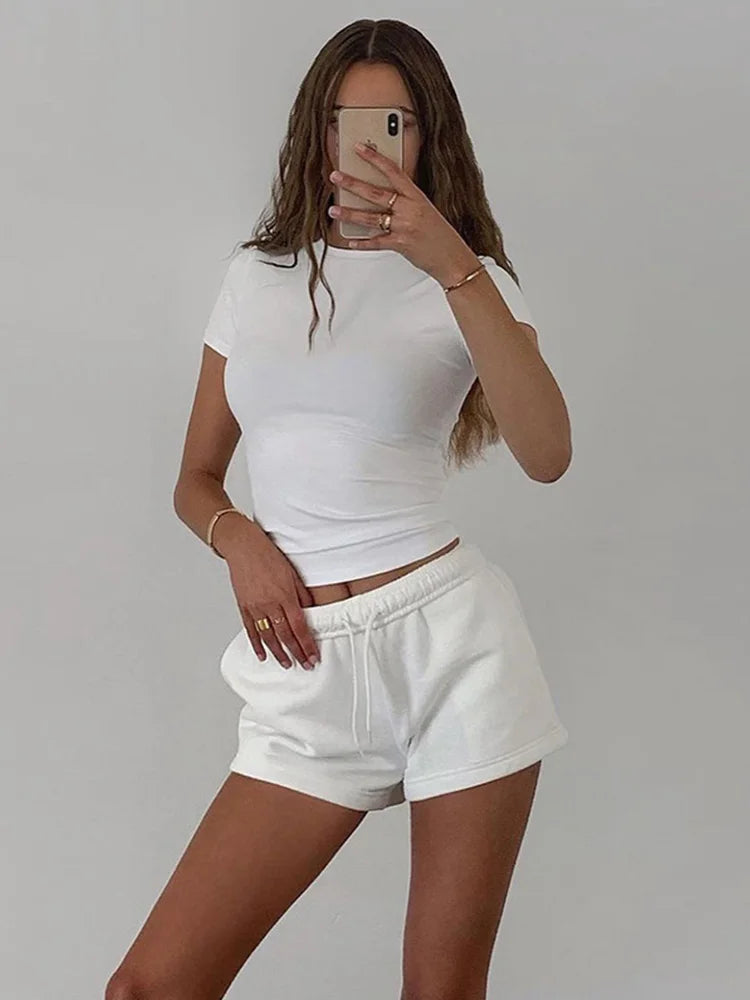 IMIEMIE 2024 Spring New Short Sleeve T-Shirt Women Solid Simple Casual Soft All-Match Hot Basic Crop Tops Tees Summer Fashion