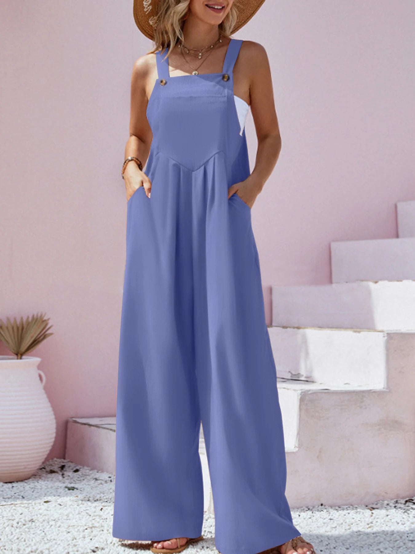 IMIEMIE 2024 Spring/Summer New Ethnic Style Fashion Solid Color Wide Leg Jumpsuit Quick Sale Tongfa European and American Women's Cross