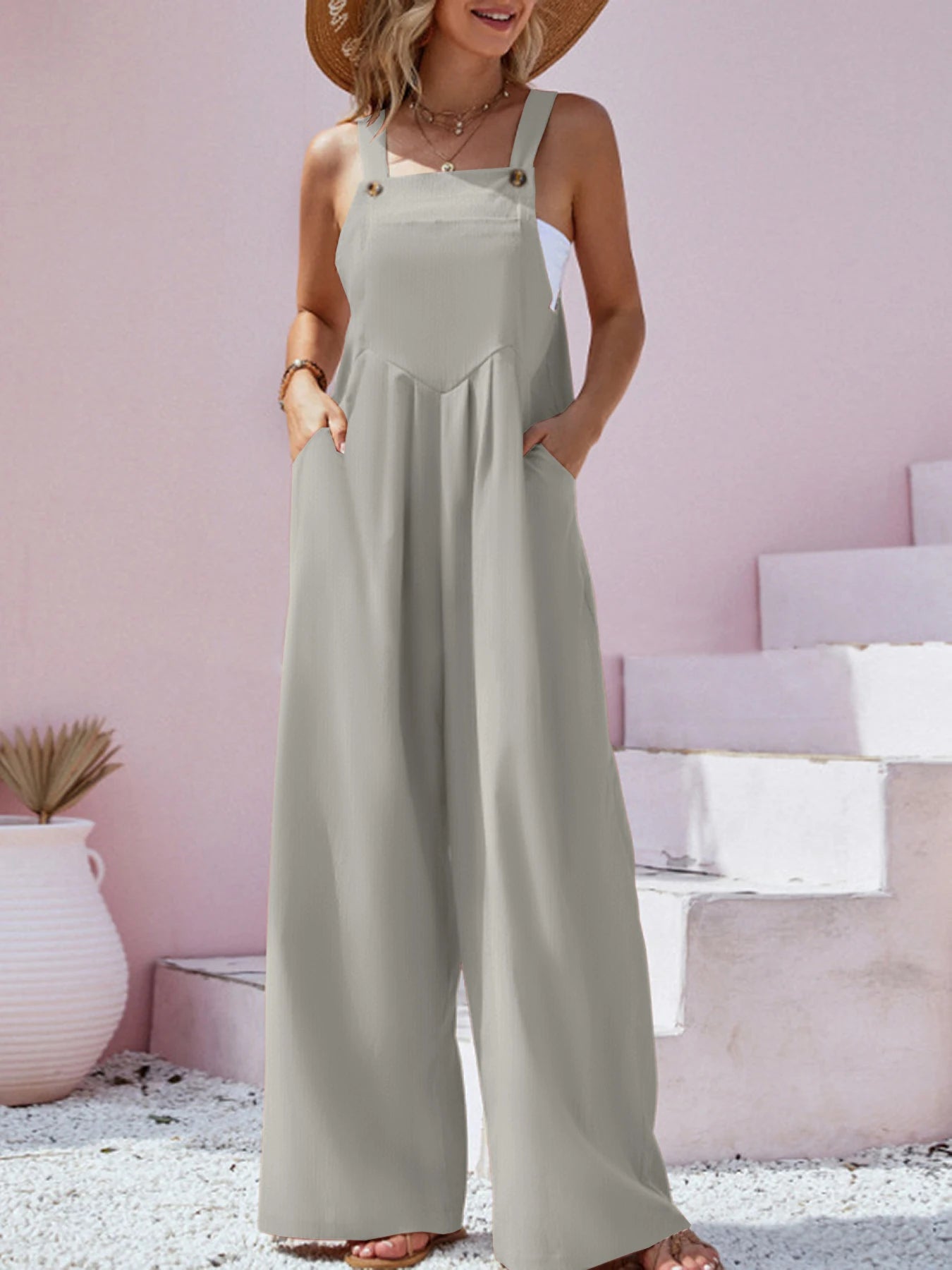 IMIEMIE 2024 Spring/Summer New Ethnic Style Fashion Solid Color Wide Leg Jumpsuit Quick Sale Tongfa European and American Women's Cross