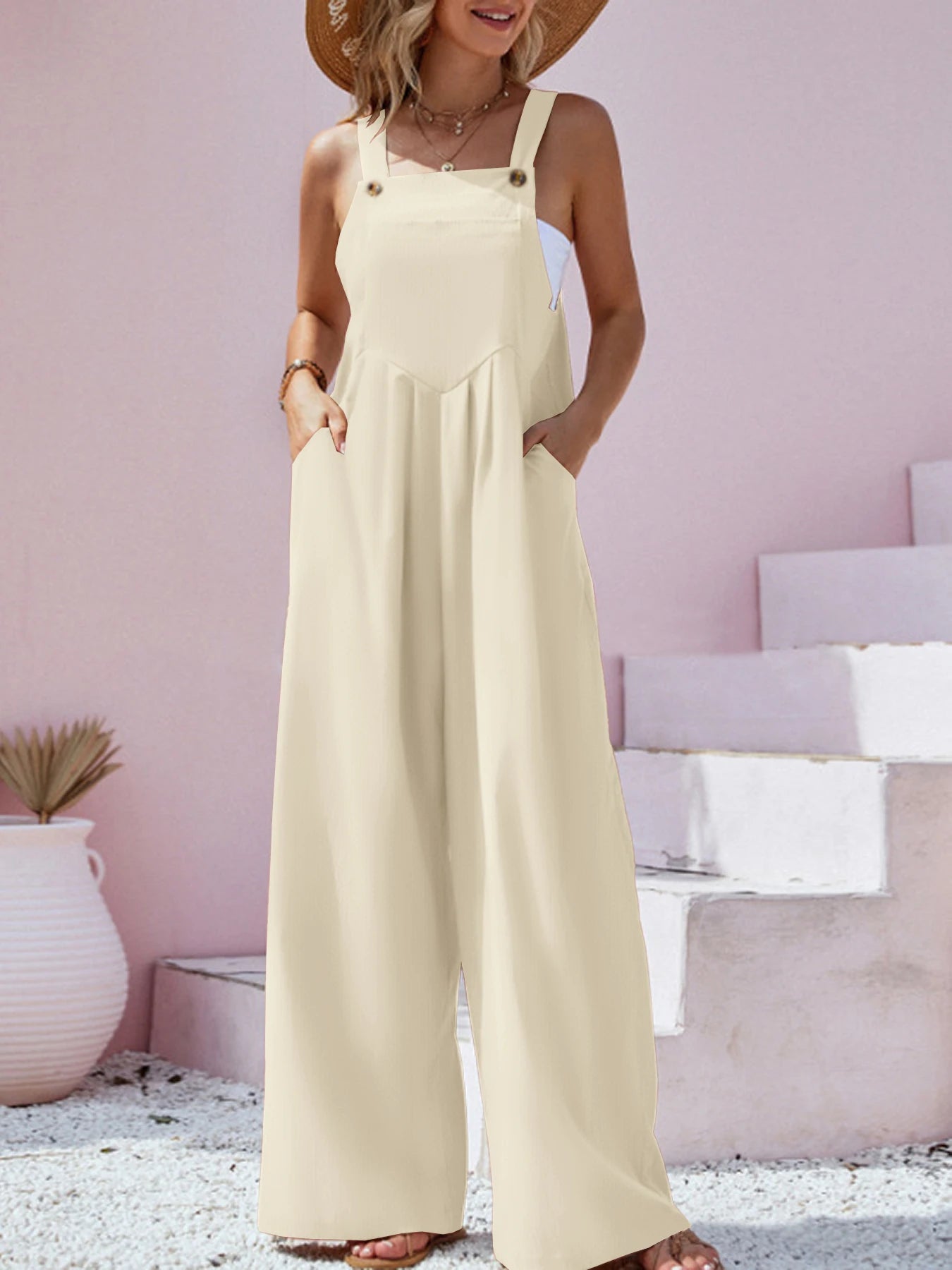 IMIEMIE 2024 Spring/Summer New Ethnic Style Fashion Solid Color Wide Leg Jumpsuit Quick Sale Tongfa European and American Women's Cross