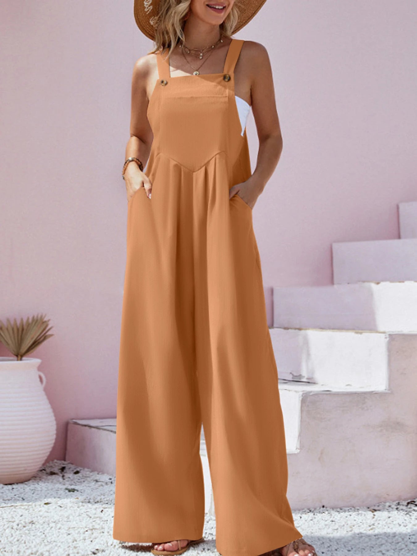 IMIEMIE 2024 Spring/Summer New Ethnic Style Fashion Solid Color Wide Leg Jumpsuit Quick Sale Tongfa European and American Women's Cross