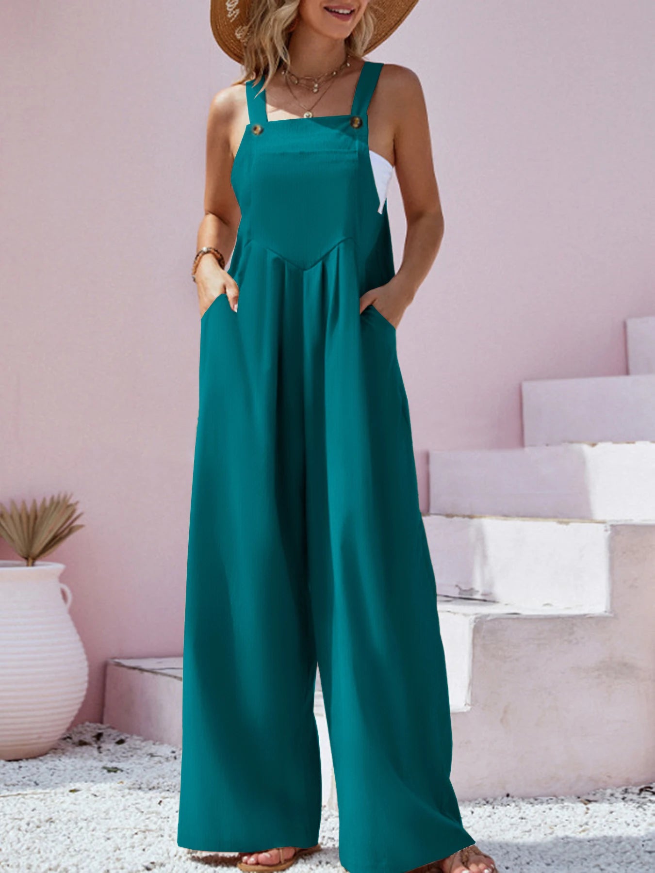 IMIEMIE 2024 Spring/Summer New Ethnic Style Fashion Solid Color Wide Leg Jumpsuit Quick Sale Tongfa European and American Women's Cross