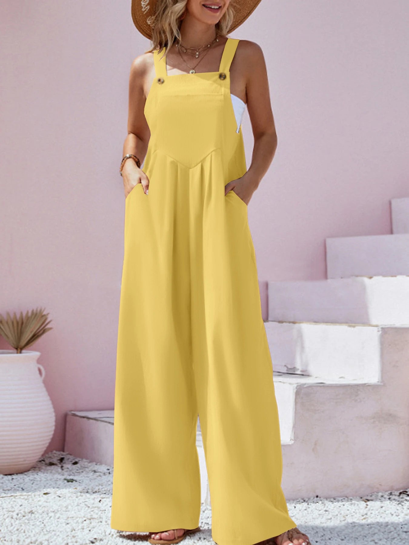 IMIEMIE 2024 Spring/Summer New Ethnic Style Fashion Solid Color Wide Leg Jumpsuit Quick Sale Tongfa European and American Women's Cross