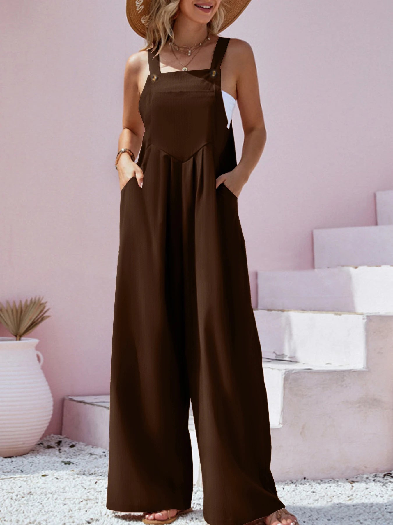 IMIEMIE 2024 Spring/Summer New Ethnic Style Fashion Solid Color Wide Leg Jumpsuit Quick Sale Tongfa European and American Women's Cross