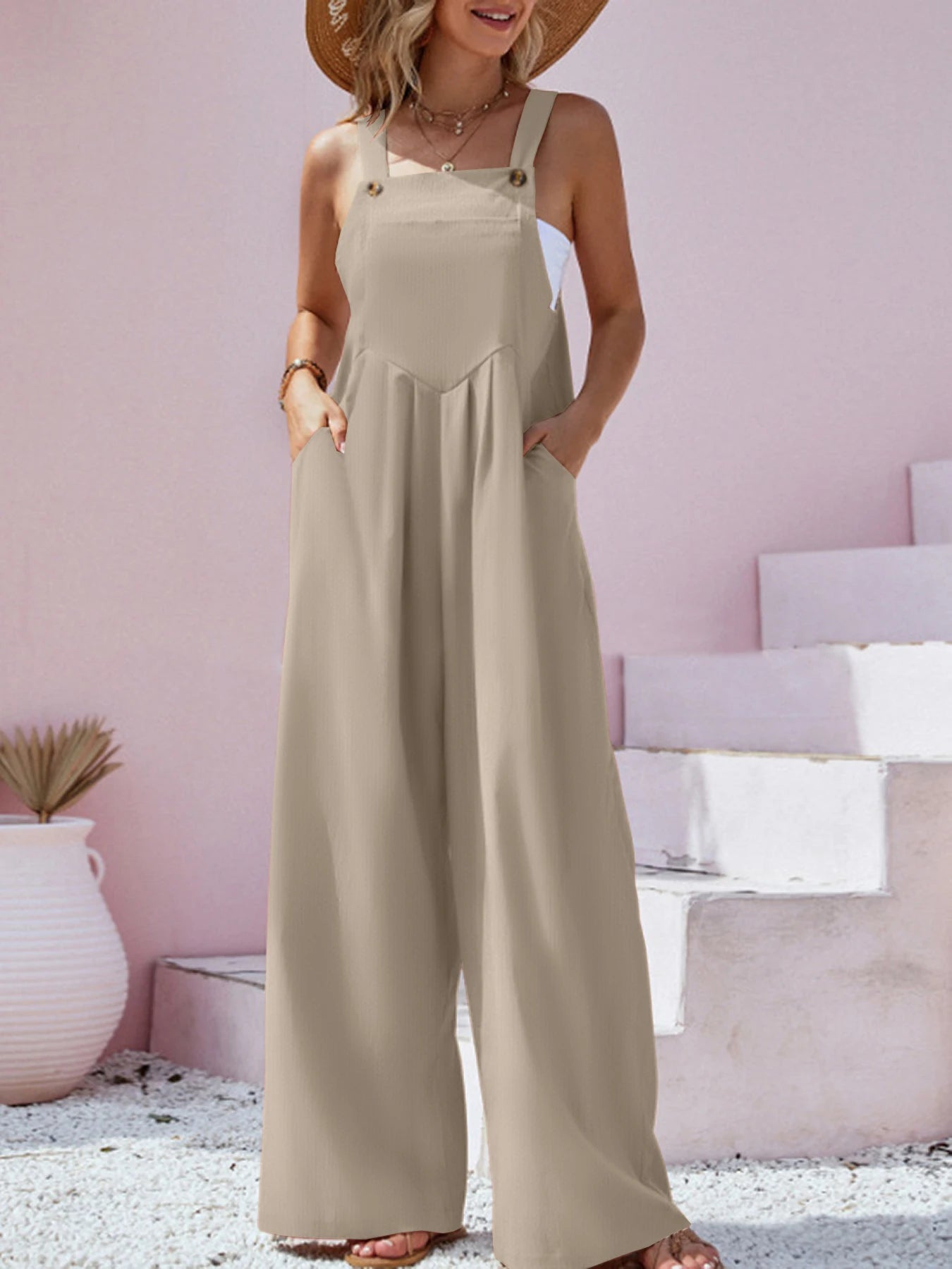 IMIEMIE 2024 Spring/Summer New Ethnic Style Fashion Solid Color Wide Leg Jumpsuit Quick Sale Tongfa European and American Women's Cross