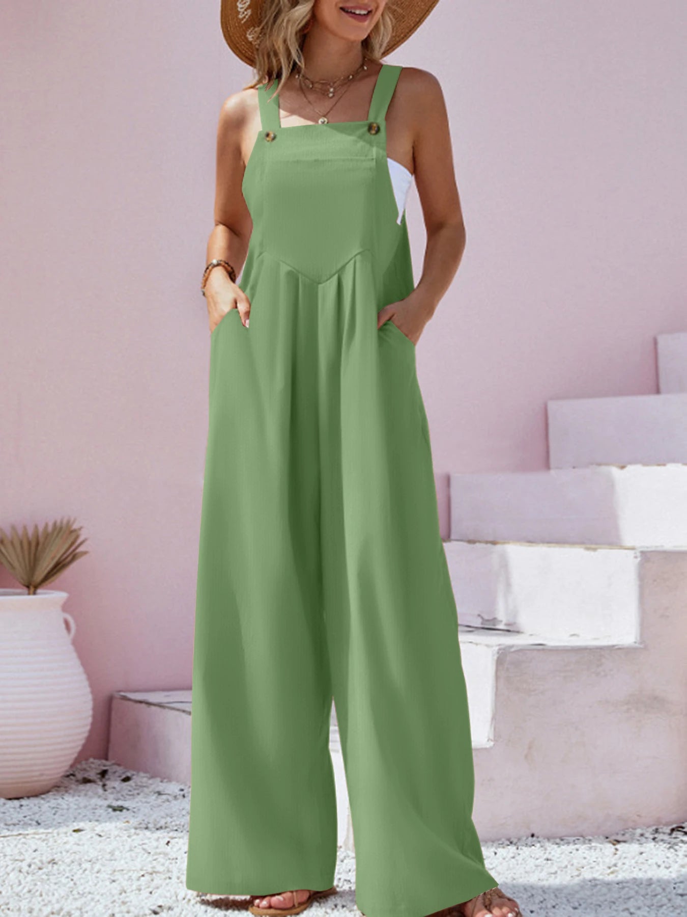 IMIEMIE 2024 Spring/Summer New Ethnic Style Fashion Solid Color Wide Leg Jumpsuit Quick Sale Tongfa European and American Women's Cross