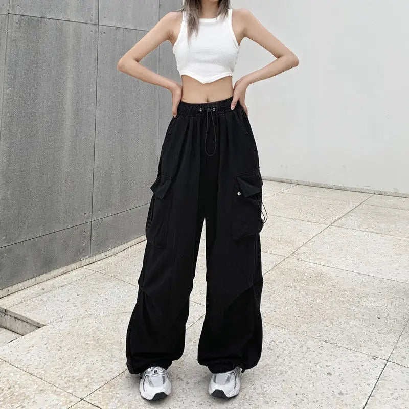 IMIEMIE 2024 Women Casual Joggers Tech Pants Solid Low Waist Pants Drawstring Wide Leg Baggy Trousers Y2k Streetwear Oversize Sweatpants