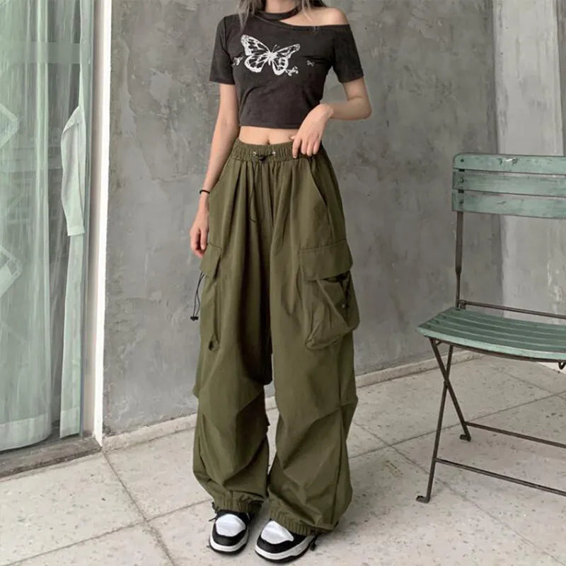 IMIEMIE 2024 Women Casual Joggers Tech Pants Solid Low Waist Pants Drawstring Wide Leg Baggy Trousers Y2k Streetwear Oversize Sweatpants