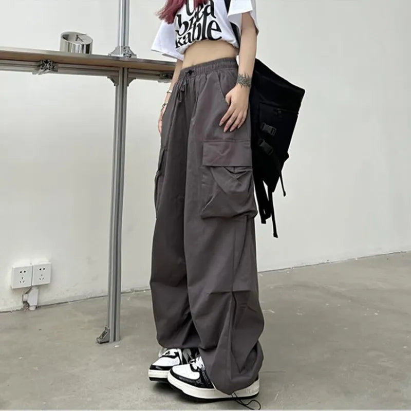 IMIEMIE 2024 Women Casual Joggers Tech Pants Solid Low Waist Pants Drawstring Wide Leg Baggy Trousers Y2k Streetwear Oversize Sweatpants