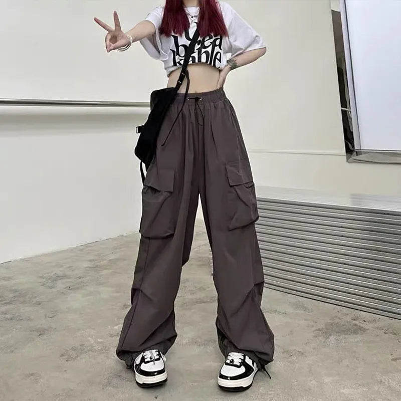 IMIEMIE 2024 Women Casual Joggers Tech Pants Solid Low Waist Pants Drawstring Wide Leg Baggy Trousers Y2k Streetwear Oversize Sweatpants