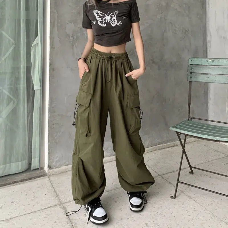 IMIEMIE 2024 Women Casual Joggers Tech Pants Solid Low Waist Pants Drawstring Wide Leg Baggy Trousers Y2k Streetwear Oversize Sweatpants