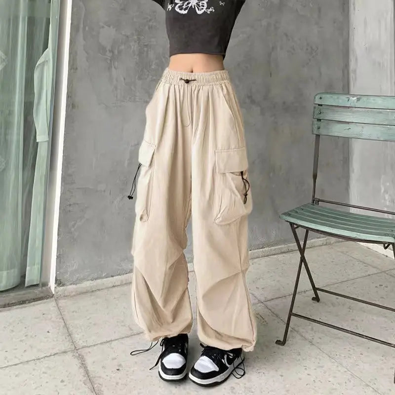 IMIEMIE 2024 Women Casual Joggers Tech Pants Solid Low Waist Pants Drawstring Wide Leg Baggy Trousers Y2k Streetwear Oversize Sweatpants