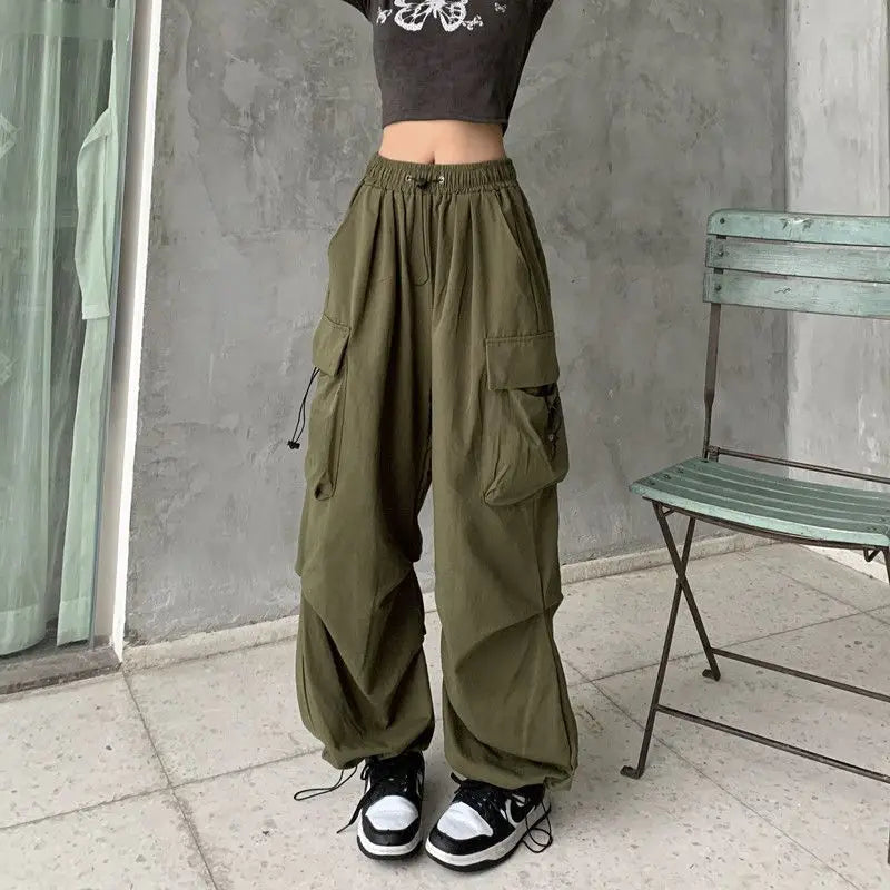 IMIEMIE 2024 Women Casual Joggers Tech Pants Solid Low Waist Pants Drawstring Wide Leg Baggy Trousers Y2k Streetwear Oversize Sweatpants