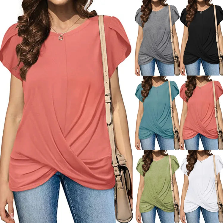 IMIEMIE 2024 Women's Round Neck Solid Twist Short Sleeve T-shirt Summer Fashion Casual Commuter Office Lady Short Sleeve Top Female