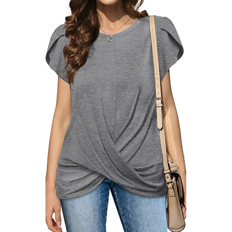 IMIEMIE 2024 Women's Round Neck Solid Twist Short Sleeve T-shirt Summer Fashion Casual Commuter Office Lady Short Sleeve Top Female