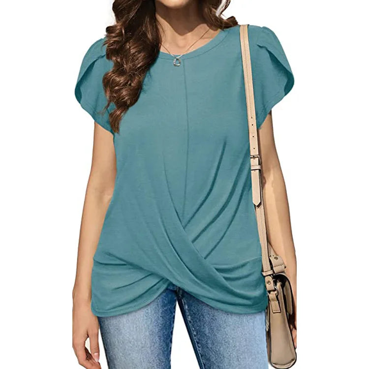 IMIEMIE 2024 Women's Round Neck Solid Twist Short Sleeve T-shirt Summer Fashion Casual Commuter Office Lady Short Sleeve Top Female