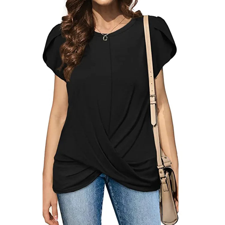 IMIEMIE 2024 Women's Round Neck Solid Twist Short Sleeve T-shirt Summer Fashion Casual Commuter Office Lady Short Sleeve Top Female