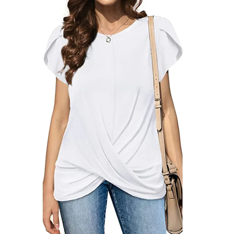 IMIEMIE 2024 Women's Round Neck Solid Twist Short Sleeve T-shirt Summer Fashion Casual Commuter Office Lady Short Sleeve Top Female