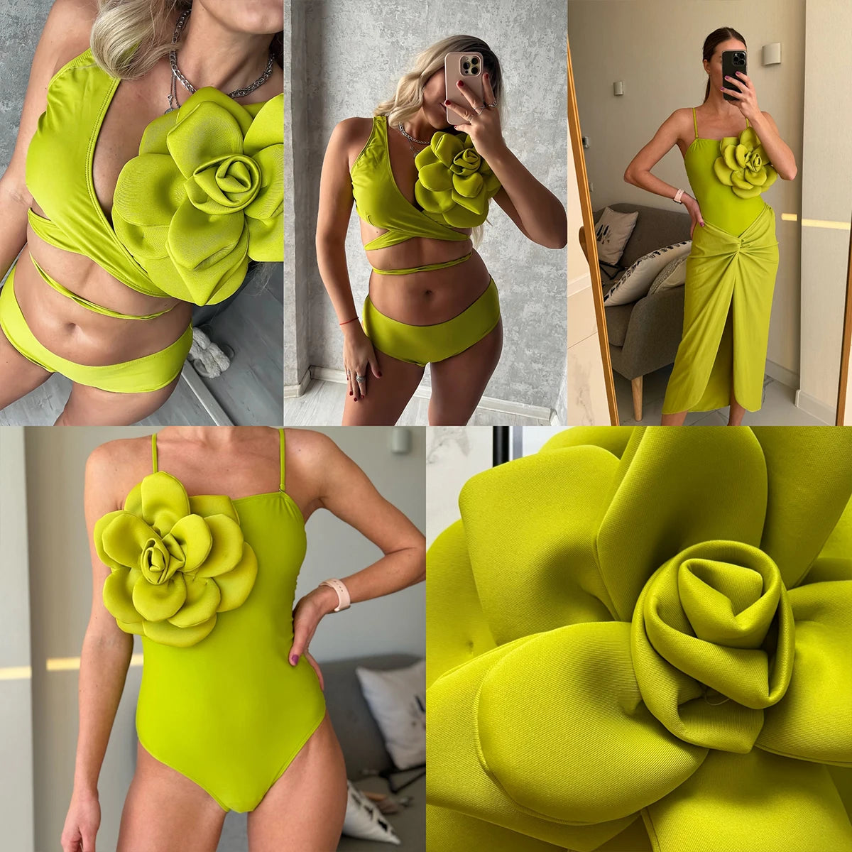 IMIEMIE 2024 3D Flower Bikini Set With Cover Up Luxury Swimsuit Women Sexy Floral Swimwear High Waist Monokini Desire Bodysuit Swim Suit