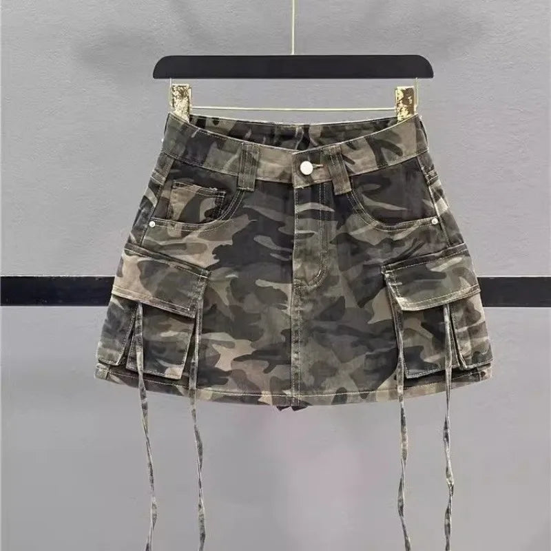 IMIEMIE 2024 Autumn New Fashion Vintage Camouflage Frock Skirt Female Y2K Street Harajuku Slim Hot Girl A-bag Hip Skirt Denim Skirt