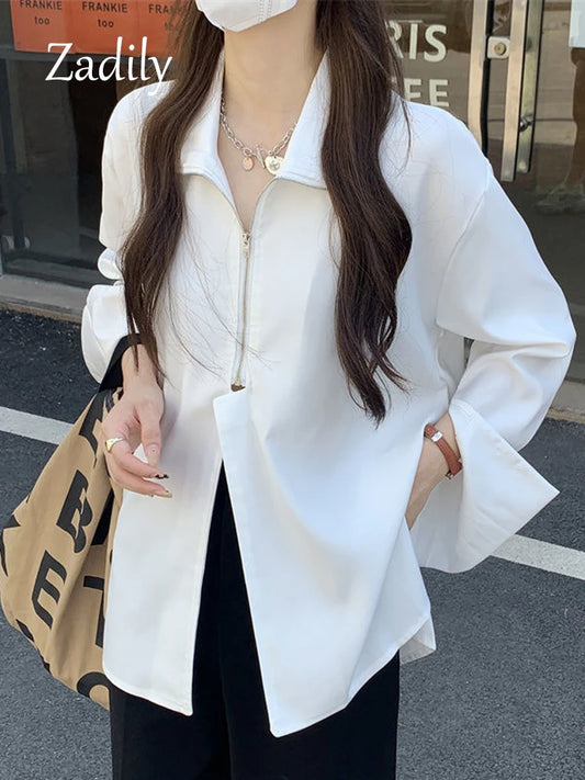 IMIEMIE 2024 Autumn Streetwear Long Sleeve White Shirt and Blouse Women Minimalist Zipper Oversize Ladies Shirts Female Clothing Y2K Top