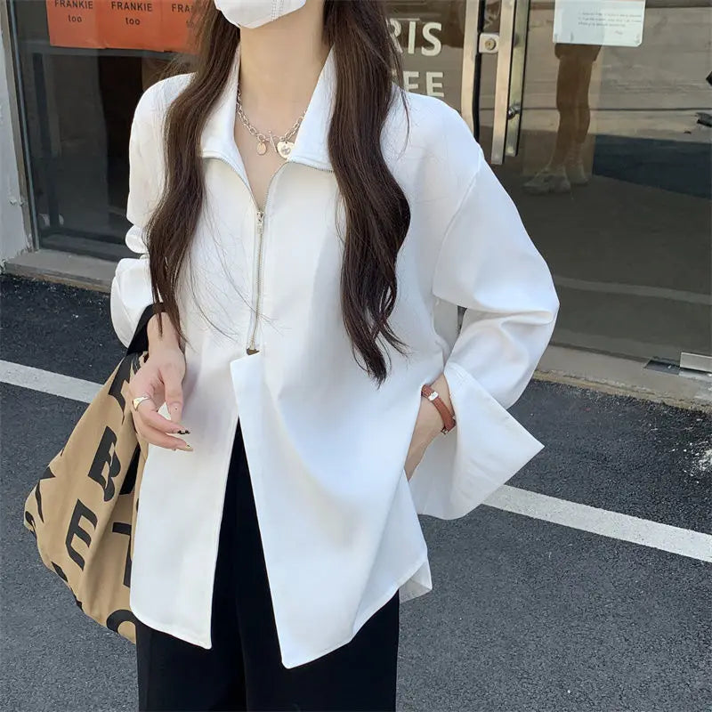 IMIEMIE 2024 Autumn Streetwear Long Sleeve White Shirt and Blouse Women Minimalist Zipper Oversize Ladies Shirts Female Clothing Y2K Top