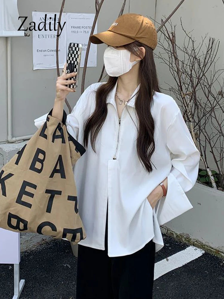 IMIEMIE 2024 Autumn Streetwear Long Sleeve White Shirt and Blouse Women Minimalist Zipper Oversize Ladies Shirts Female Clothing Y2K Top