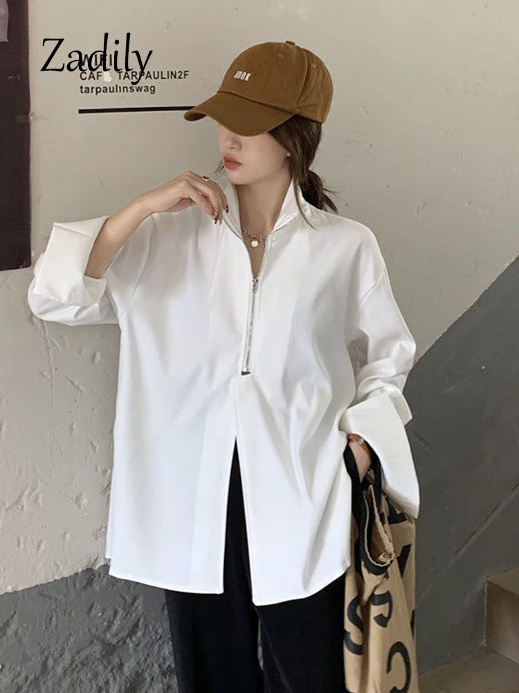 IMIEMIE 2024 Autumn Streetwear Long Sleeve White Shirt and Blouse Women Minimalist Zipper Oversize Ladies Shirts Female Clothing Y2K Top