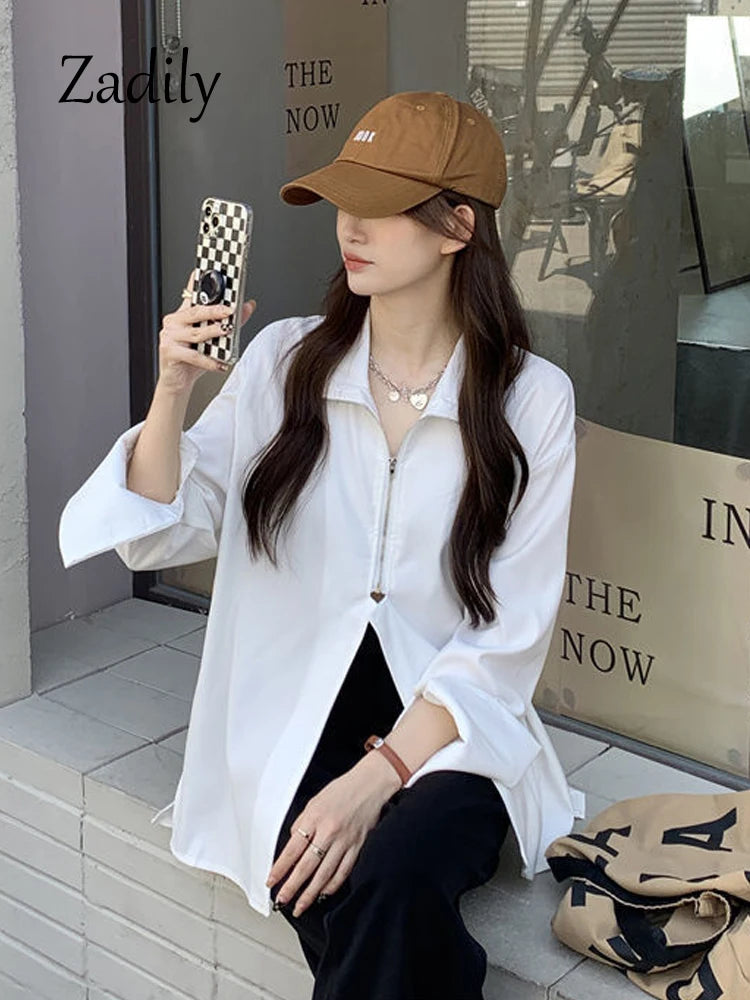 IMIEMIE 2024 Autumn Streetwear Long Sleeve White Shirt and Blouse Women Minimalist Zipper Oversize Ladies Shirts Female Clothing Y2K Top