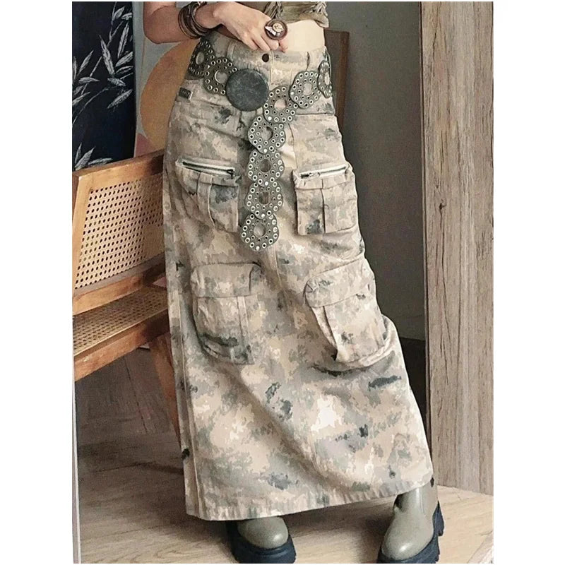 IMIEMIE 2024 Autumn Vintage Street Harajuku Camouflage Print Denim Skirt Women's Grunge High Waist Y2K Street Retro Female Gothic Skirt