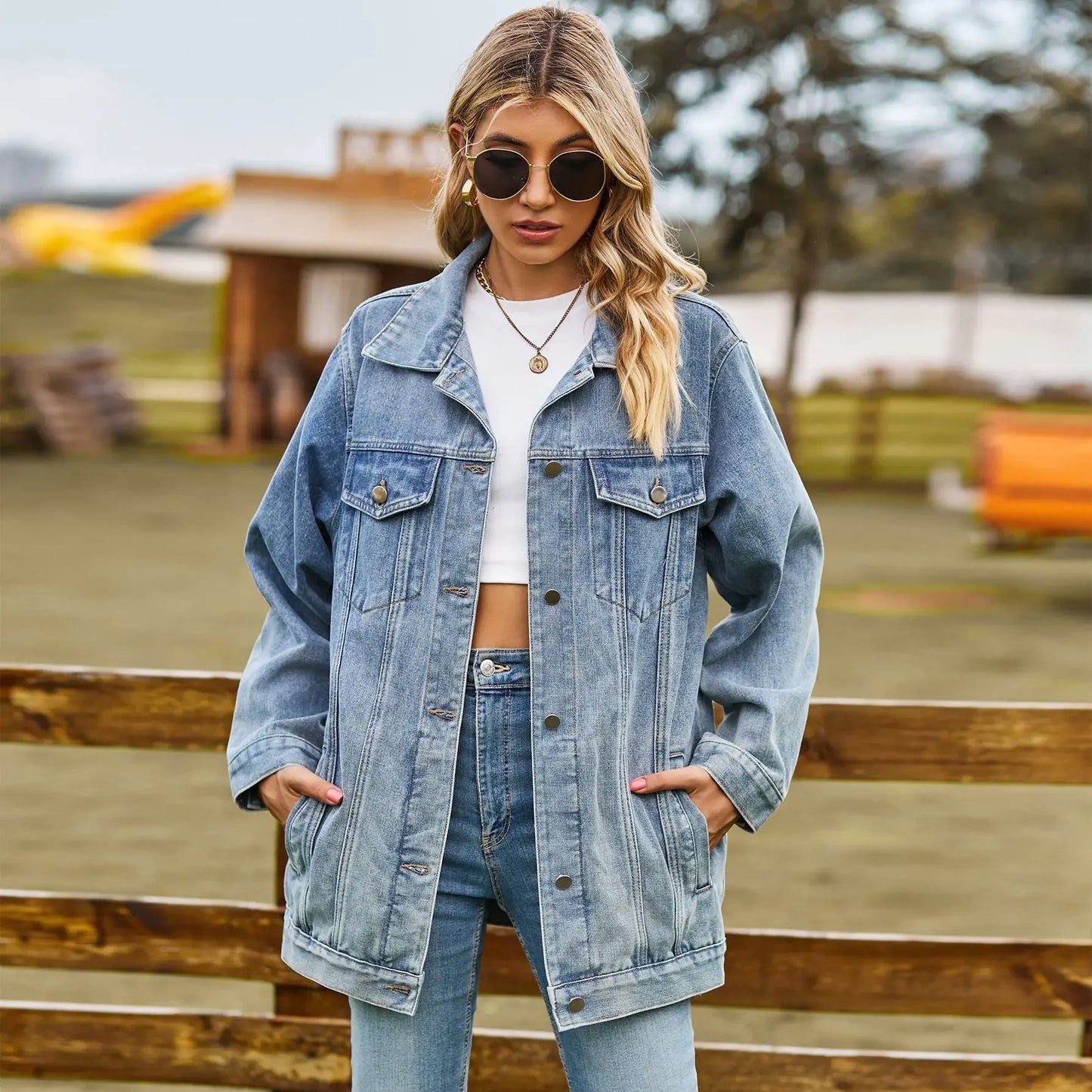 IMIEMIE 2024 Autumn Winter Classic Versatile Denim Jacket for Women Fashion Loose Mid Length Jeans Coat Casual Female Clothing S-2XL