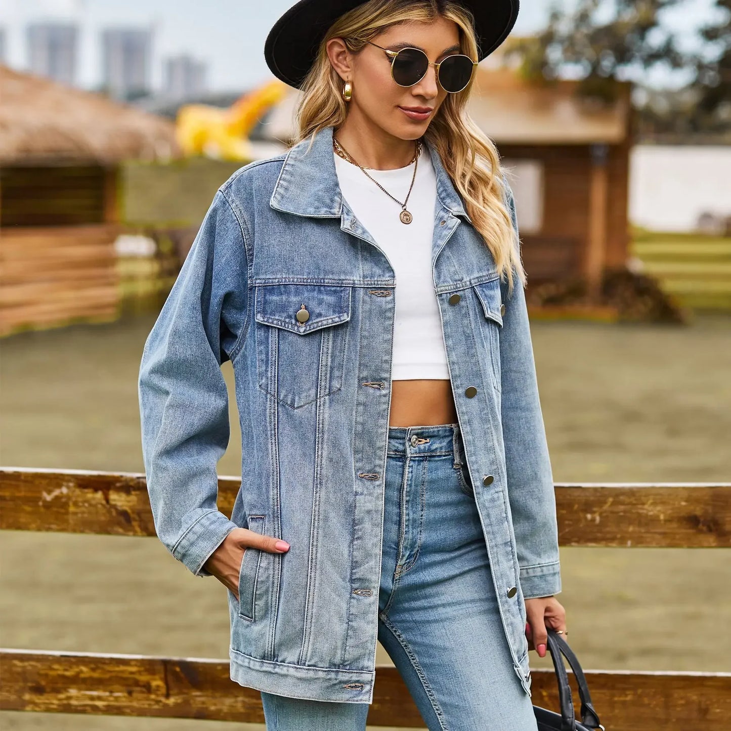 IMIEMIE 2024 Autumn Winter Classic Versatile Denim Jacket for Women Fashion Loose Mid Length Jeans Coat Casual Female Clothing S-2XL