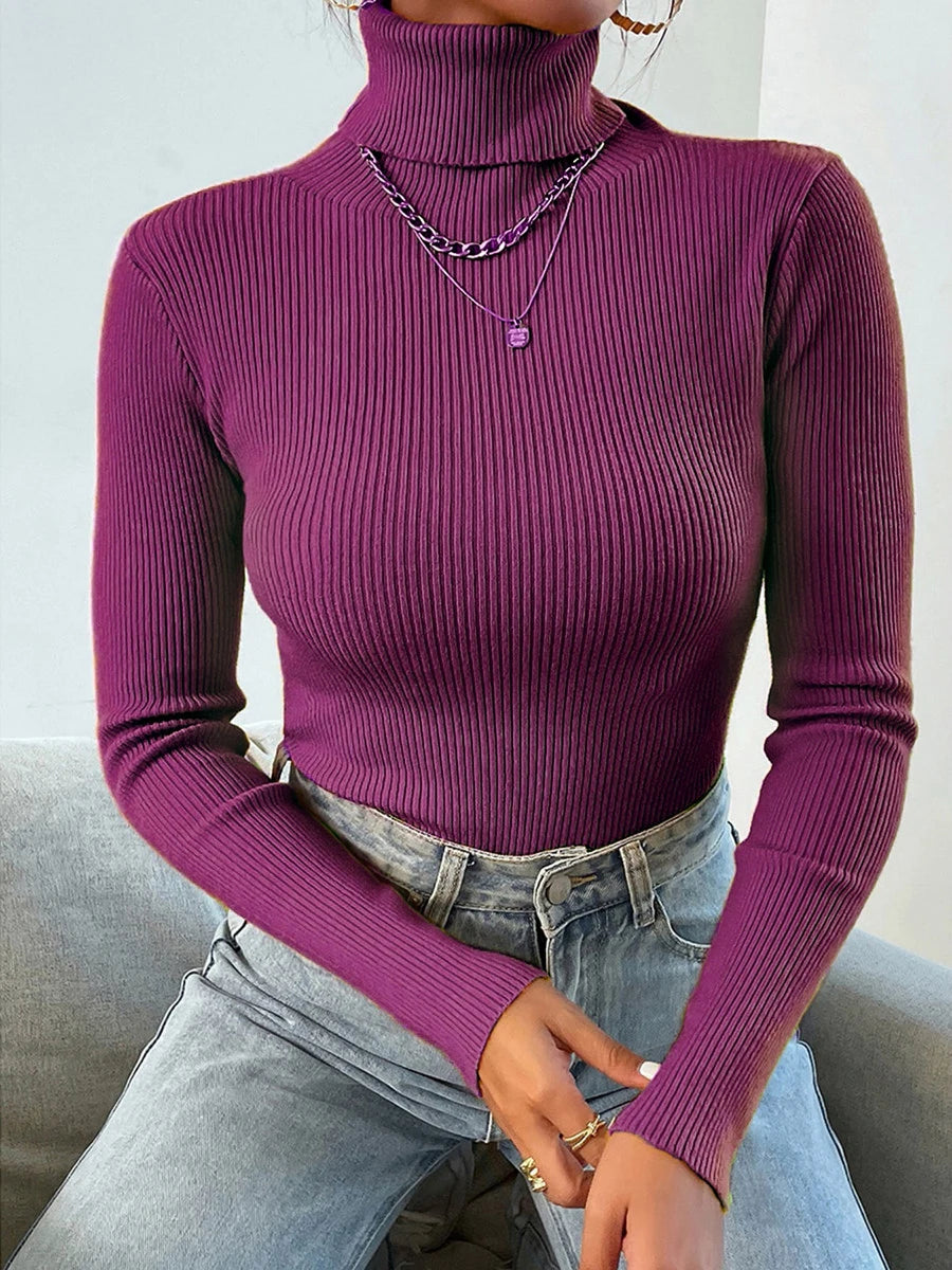 IMIEMIE 2024 Autumn Winter Women Long Sleeve Knit Turtleneck Pulls Sweater Casual Rib Jumper Tops Female Home Pullover Y2K Clothes