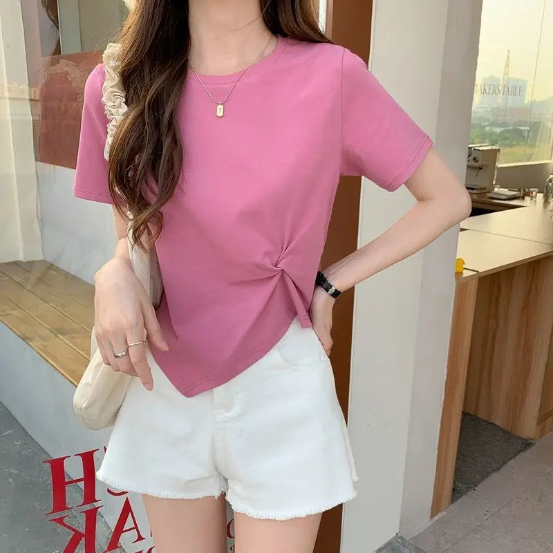 IMIEMIE 2024 Brand New Womens T shirt Round Neck Irregular Design Short Women T-shirts Leisure Slim Short Sleeve Woman T-shirt Tops Tees