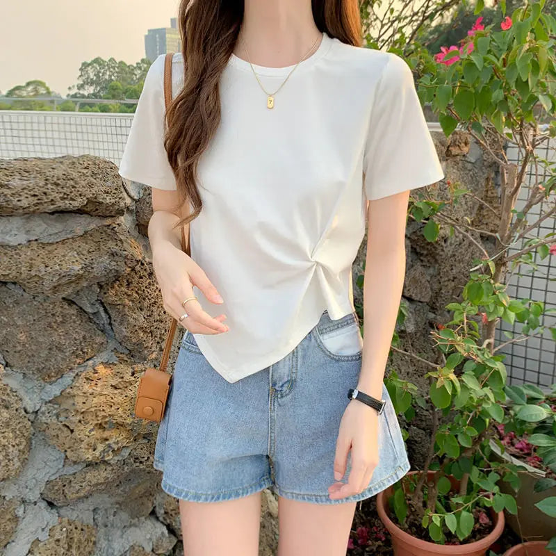 IMIEMIE 2024 Brand New Womens T shirt Round Neck Irregular Design Short Women T-shirts Leisure Slim Short Sleeve Woman T-shirt Tops Tees