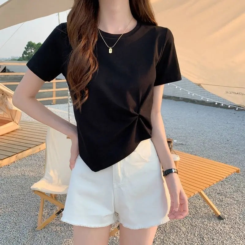 IMIEMIE 2024 Brand New Womens T shirt Round Neck Irregular Design Short Women T-shirts Leisure Slim Short Sleeve Woman T-shirt Tops Tees