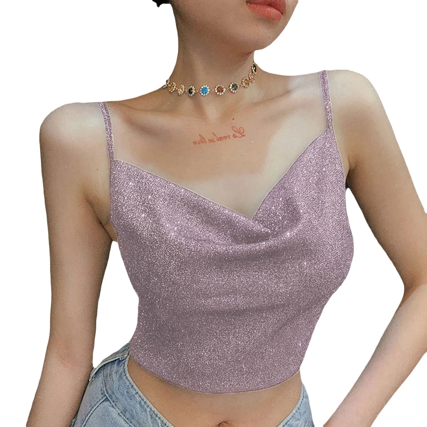 IMIEMIE 2024 Fashion Women Summer Shiny Spaghetti Camis Crop Top Black Straps Low Cut V-Neck Form-Fitting Tank Top for Girls Streetwear