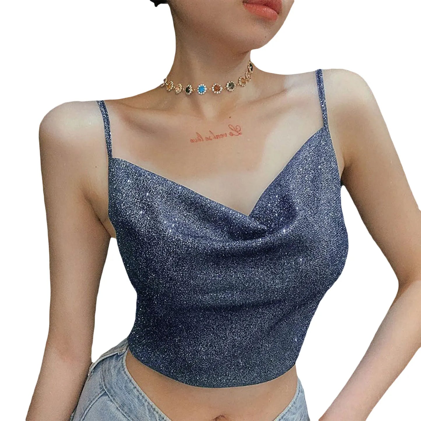 IMIEMIE 2024 Fashion Women Summer Shiny Spaghetti Camis Crop Top Black Straps Low Cut V-Neck Form-Fitting Tank Top for Girls Streetwear