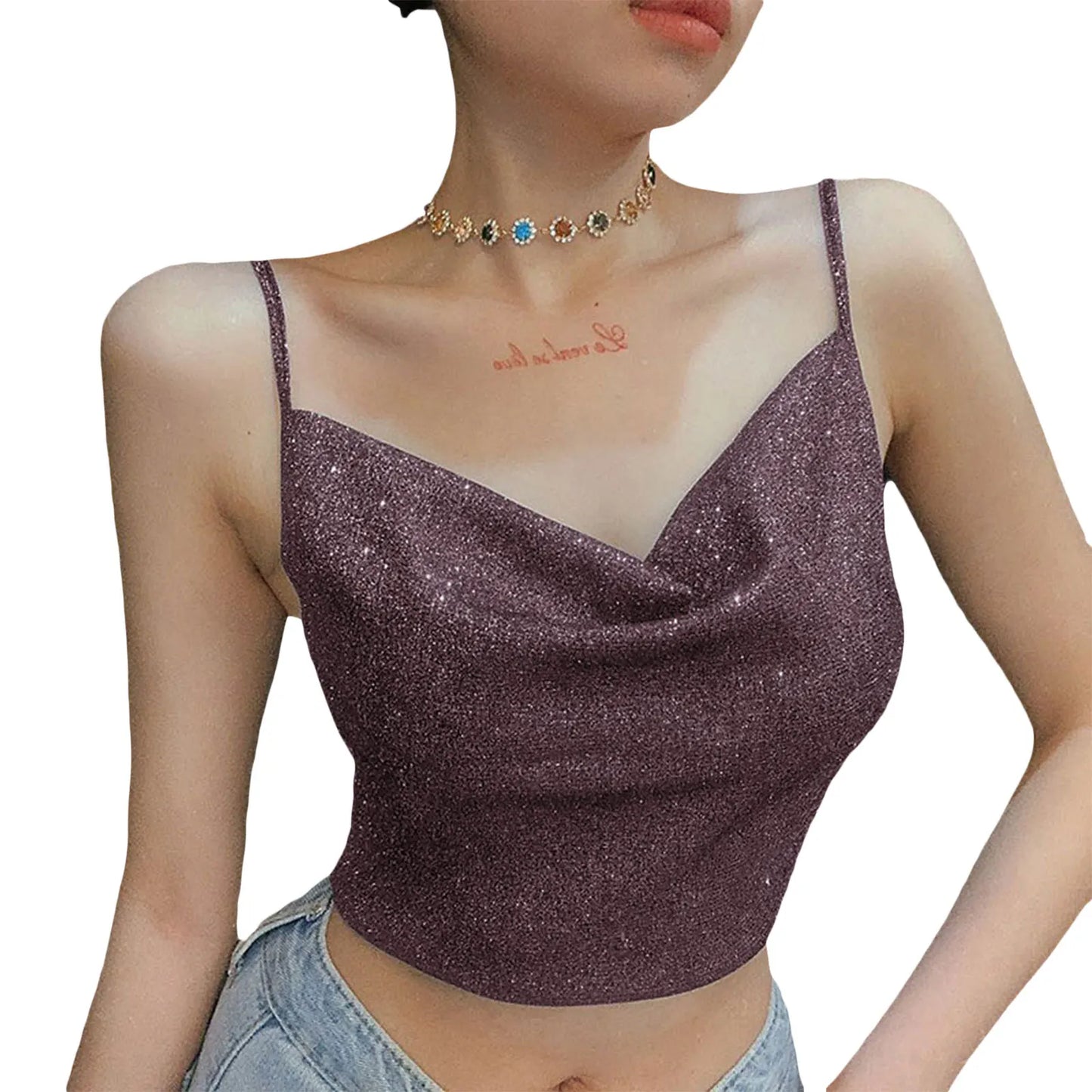 IMIEMIE 2024 Fashion Women Summer Shiny Spaghetti Camis Crop Top Black Straps Low Cut V-Neck Form-Fitting Tank Top for Girls Streetwear